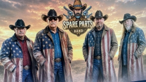Four men in star-spangled cowboy coats stand side by side in a desert at sunset, with the Spare Parts Band logo behind them.