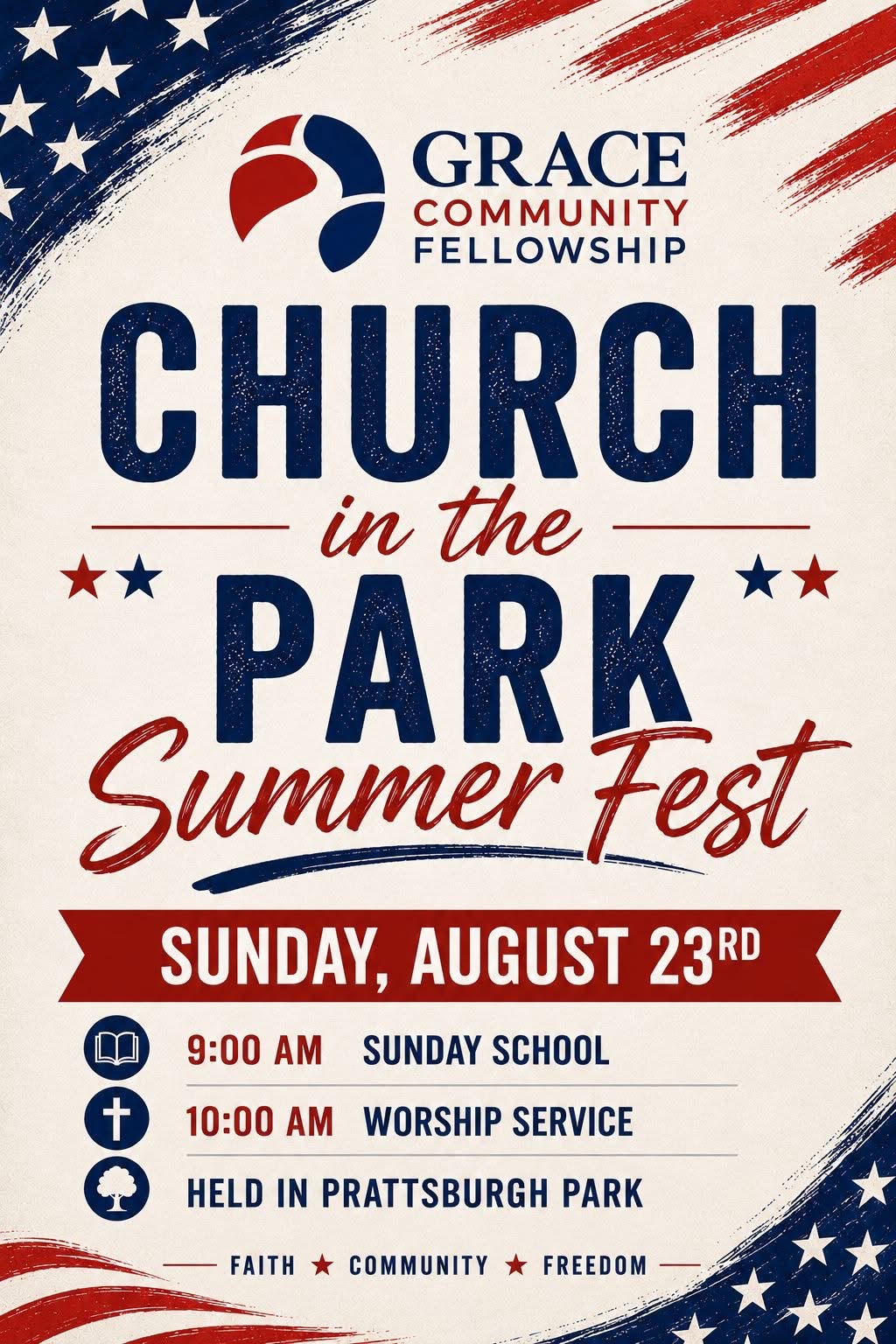 Promotional poster for Grace Community Fellowship's 'Church in the Park Summer Fest' with date August 23 and event times/venue underlined icons.