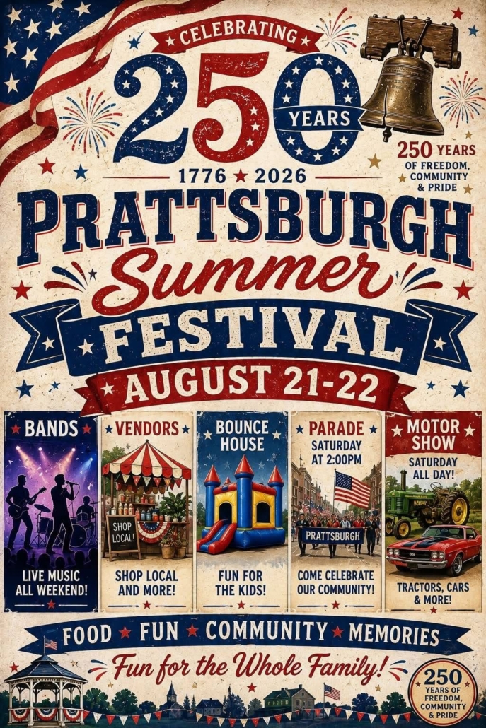 Poster for Pittsburgh Summer Festival, Aug 21–22, featuring bands, vendors, bounce house, parade, and a motor show.